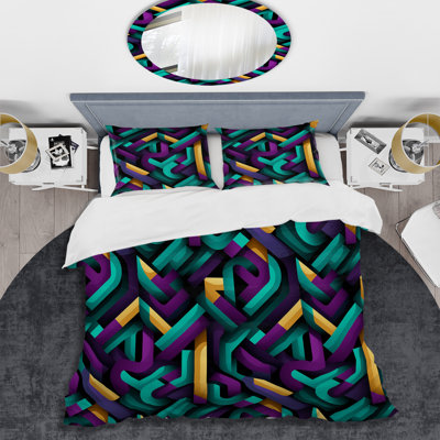 Ensemble de housse de couette en microfibre verte et mauve Green and Purple Groovy Grid Adventure IV