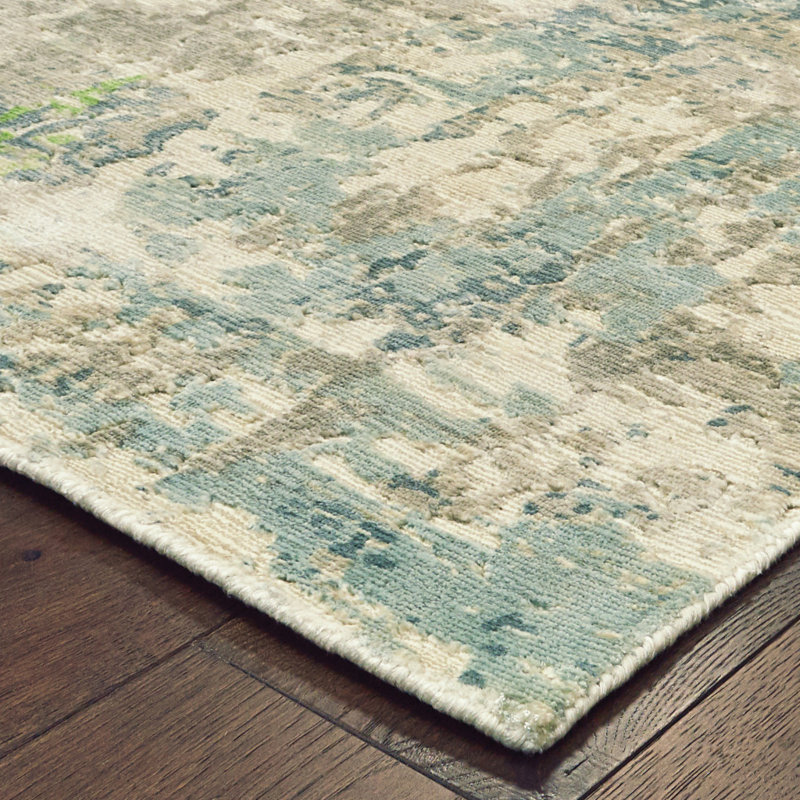 Tapis bleu / vert délavé noué à la main Kirkpatrick, Rectangle 10 pi x 14 pi