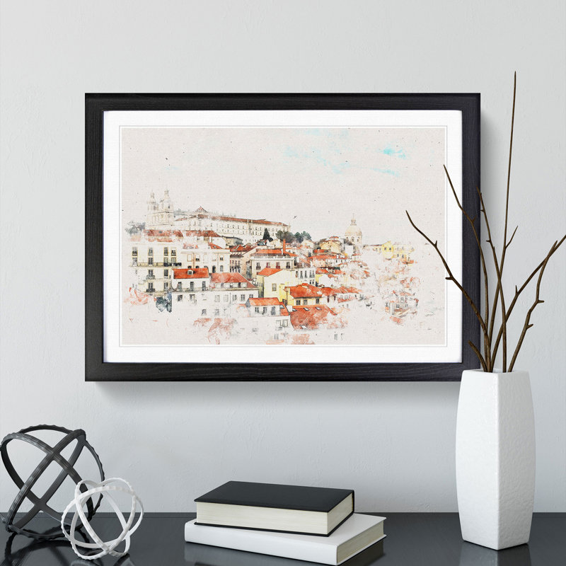Alfalma Lisbon Portugal Skyline Watercolour - Single Picture Frame Print on MDF, Black Framed, 62cm H x 87cm W x 2cm D