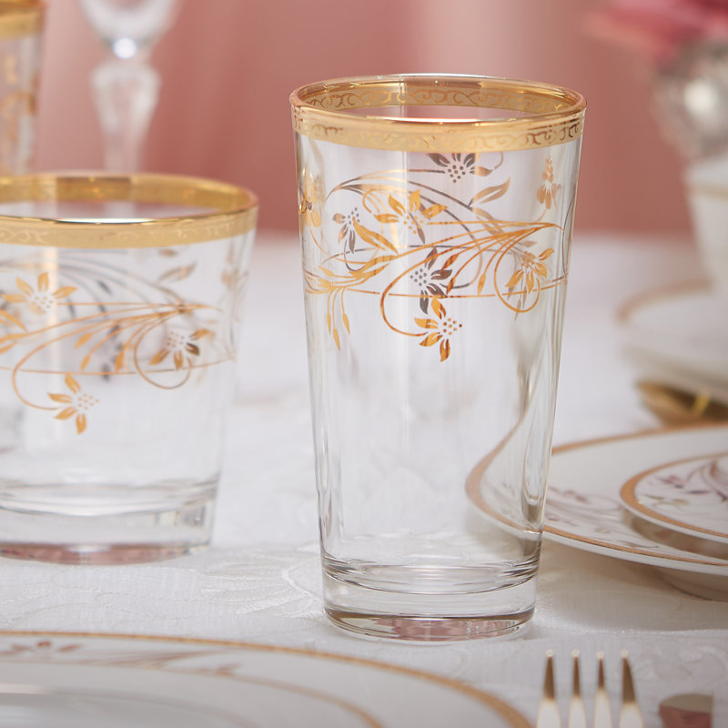 Rosalia Gold Floral Crystal Highball Glass Set, 11 oz, Set of 4