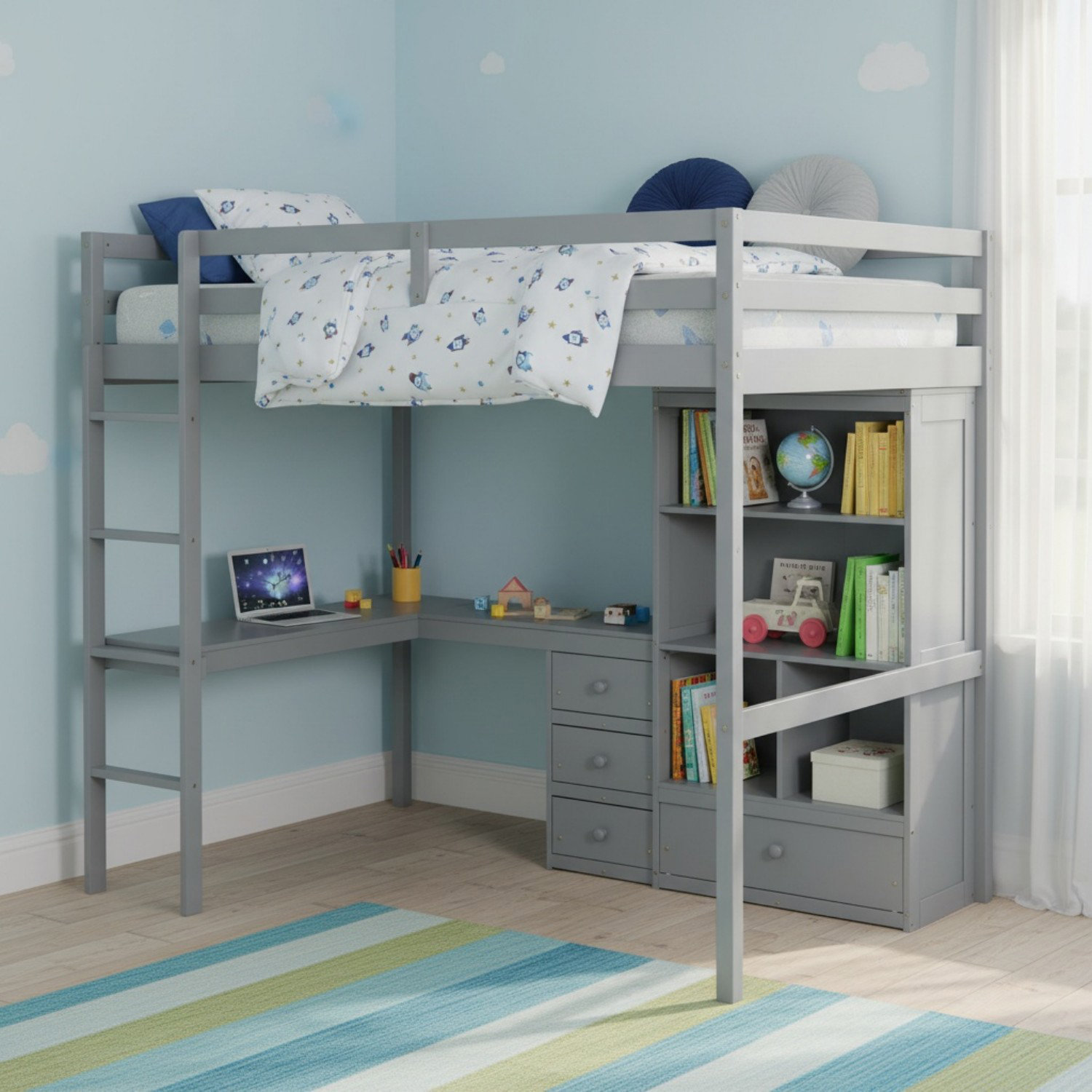 Harriet Bee Solid Wood Full Size Loft Bed with Desk, Storage Shelves ...