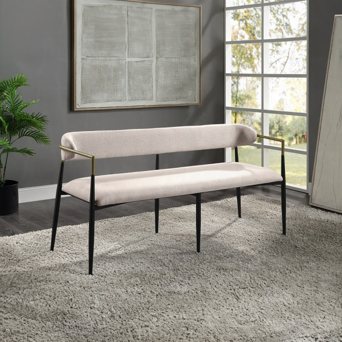Modern Beige Linen Upholstered Bench With Black Metal Legs And Gold Accent Rail, Beige