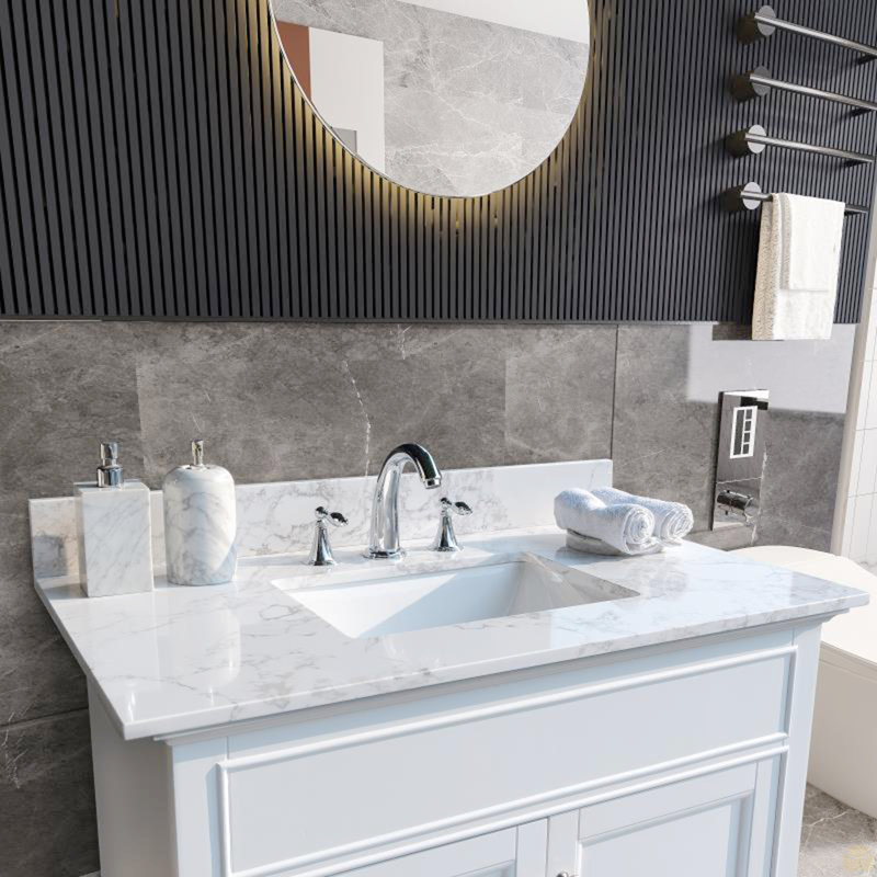 Dessus de meuble-lavabo en pierre avec comptoir rectangulaire en céramique encastré et dosseret de salle de bain avec 3 trous pour robinet de salle de bain