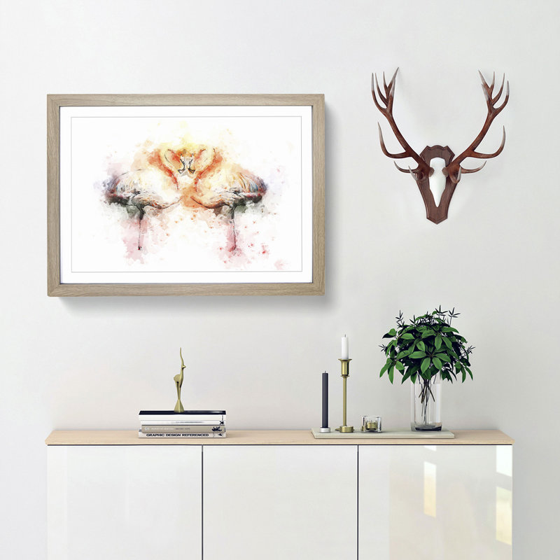 Pink Flamingo in Abstract - Framed Print, Oak, 50cm H x 76cm W x 2cm D