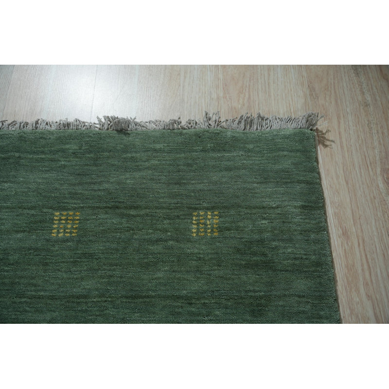 Green Hand-Knotted Wool Sparse Evergreen Motif Geometric Modern Contemporary Carpet Rug, Rectangle 4' x 6'