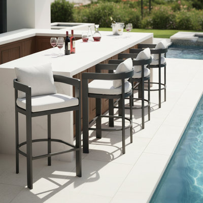 Hodnett Modern Minimalist Iron & Olefin Outdoor Patio Barstool with Ergonomic Cushioning by Latitude Run