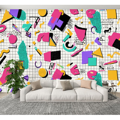 Peel and Stick Wallpaper Bright 80 s checkered Abstract geometric shapes hipsters style Wall Murals 100"H x 144"W Removable PVC Wall Paper Self-Adhesive Wall Paintings Art Decor for Bedroom Living Room