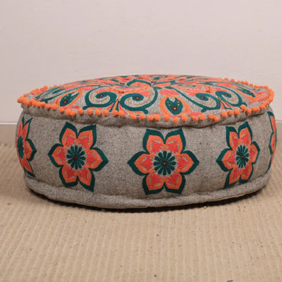 Floral Embroidered Pouf Ottoman With Pompom Trim, Grey Cotton Blend Yarn Dyed Fabric Floor Foot Stool, Multi-Purpose Boho Accent Seat For Living Room Bedroom
