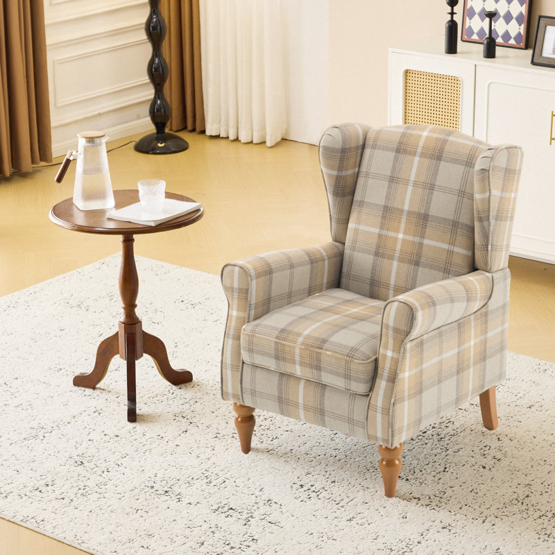 Solid Wood Upholstered Relaxation Armchair, Linen Wingback Chair for Living Room, Bedroom, Brown
