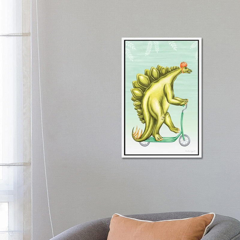 Stegosaurus On Scooter by Amélie Legault - Painting on Canvas, 66.04cm H x 45.72cm W x 3.81cm D, White Floater Framed