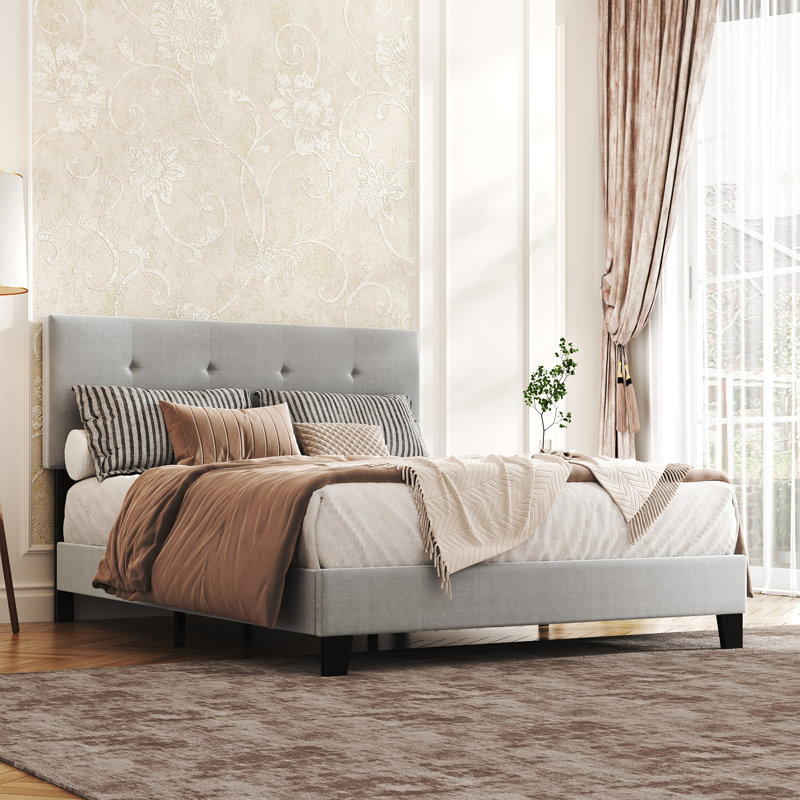 Upholstered Platform Bed Frame with Tufted Headboard, Queen