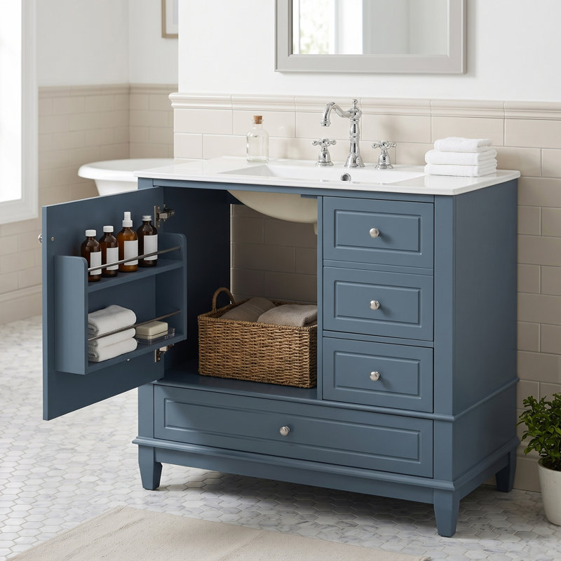 Meuble-lavabo autoportant de 91 cm (36 po) en bois massif et MDF, couleur gris-bleu, avec lavabo en céramique intégré et rangements.