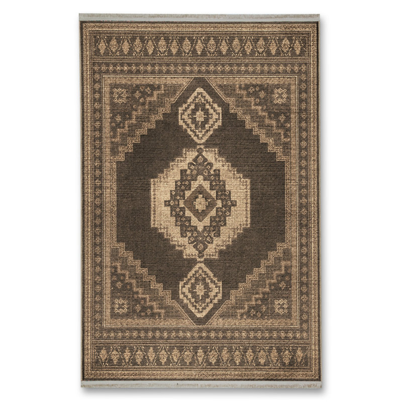 Tapis brun tissé à motif traditionnel lavable Mosso, 2'6" x 9'10"