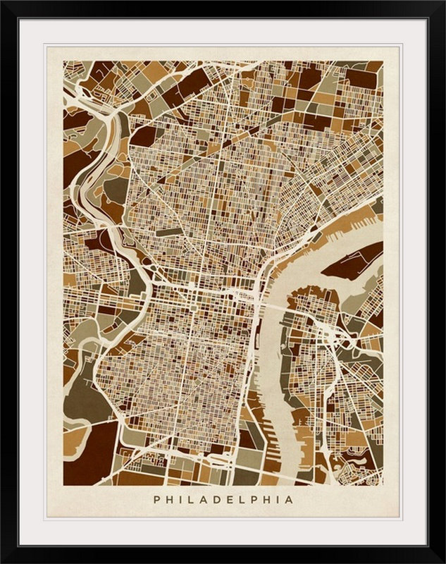 «Philadelphia Pennsylvania Street Map» par Bellen, impression, Cadre noir, H 32 po x l 26 po x P 1 po