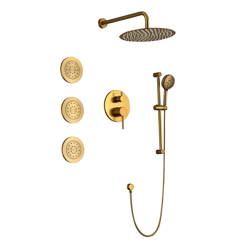 Système de douche avec pomme de douche, douchette à main, jets de corps, bras de douche, garniture de valve et poignées à levier