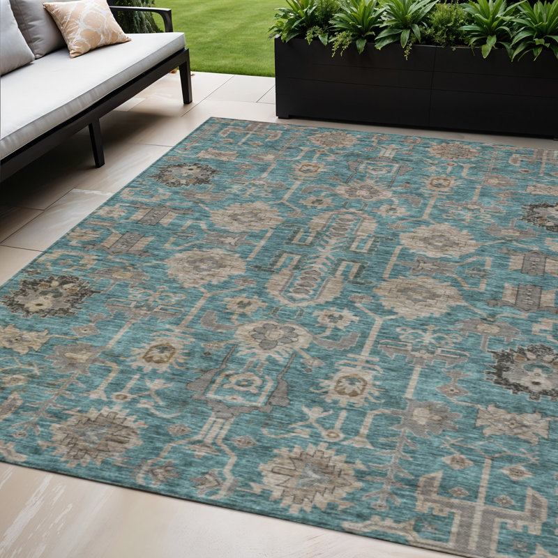 Tapis bleu sarcelle à motif oriental turquoise et beige 5 pi x 8 pi