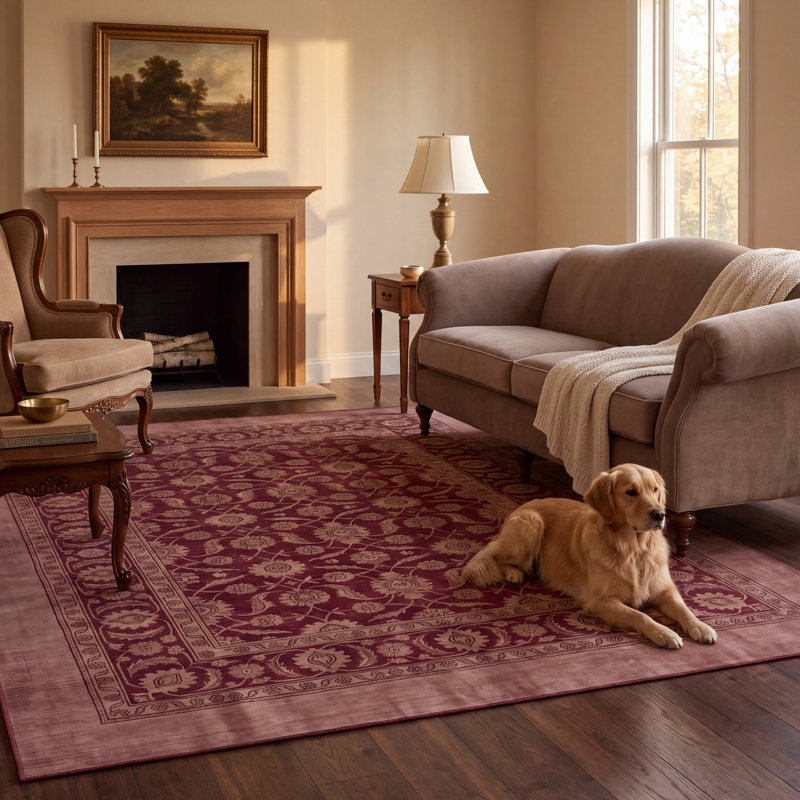 Tapis Olive2 traditionnel surteint uni bordeaux, cuivre, vert, crème et rose, lavable à la machine, antidérapant, à poils courts, pour l'intérieur et l'extérieur, adapté aux animaux domestiques, idéal pour le salon, la chambre, la salle à manger, l'entrée, le couloir ou le bureau.