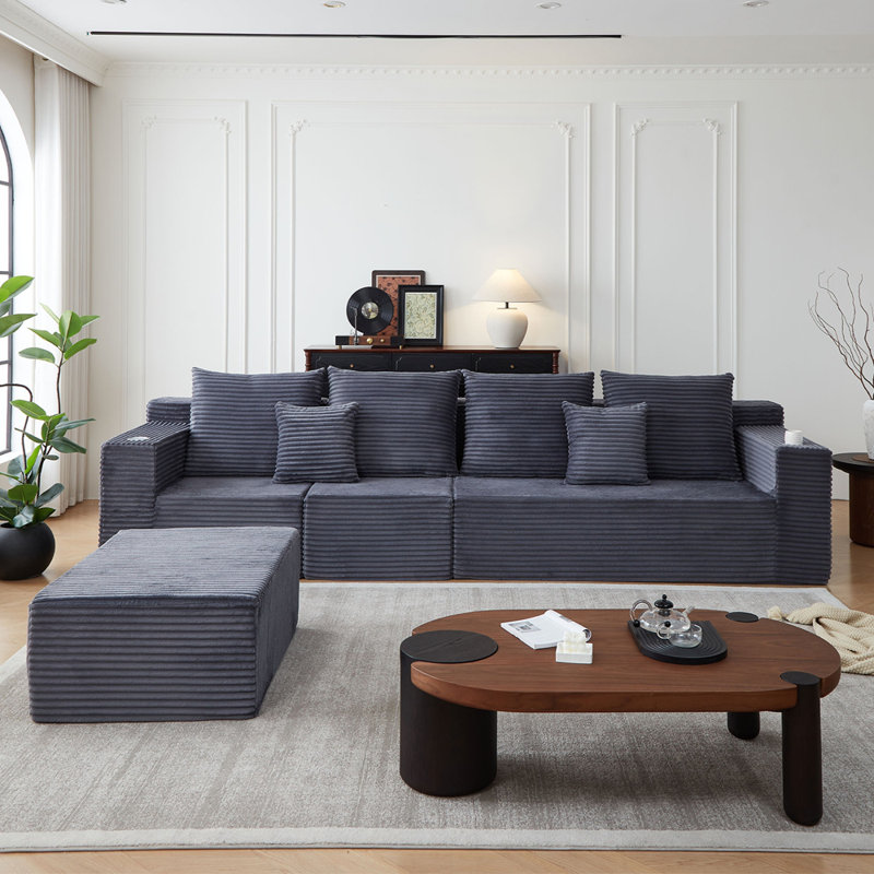 Canapé modulaire profond en velours côtelé avec porte-gobelets intégrés, aucun assemblage requis, Gris