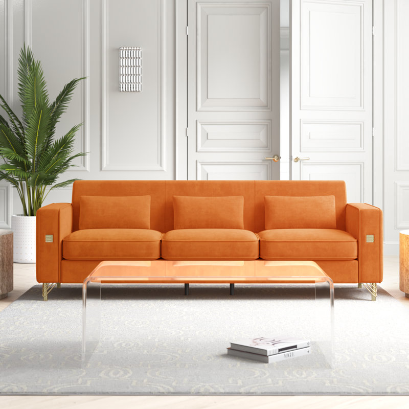 Canapé à accoudoirs carrés 86,6 po Dwayne, Velours orange
