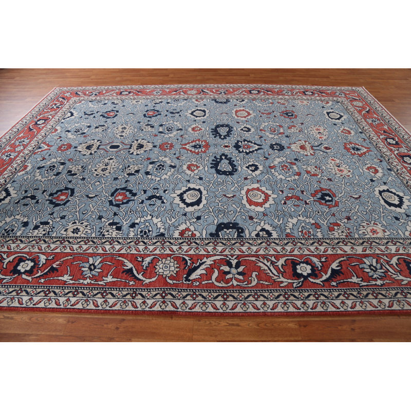 Tapis beige / ivoire / bleu en laine noué à la main de conception unique 9 pi x 11 pi 9 po