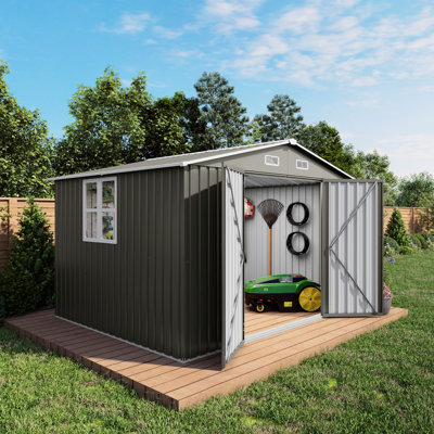 Remise à outils de jardin grise en métal 10 X 8 pi, porte verrouillable, évent et fenêtre, idéale pour ranger des barbecues, des générateurs, des occasions multifonctionnelles pour l'extérieur, portes doubles, fenêtres d'aération, grande neige