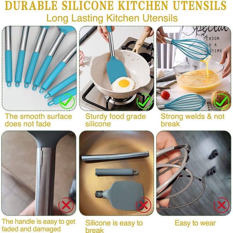 Ensemble de 15 ustensiles de cuisine en silicone, acier inoxydable, résistant à la chaleur antiadhésif, bleu