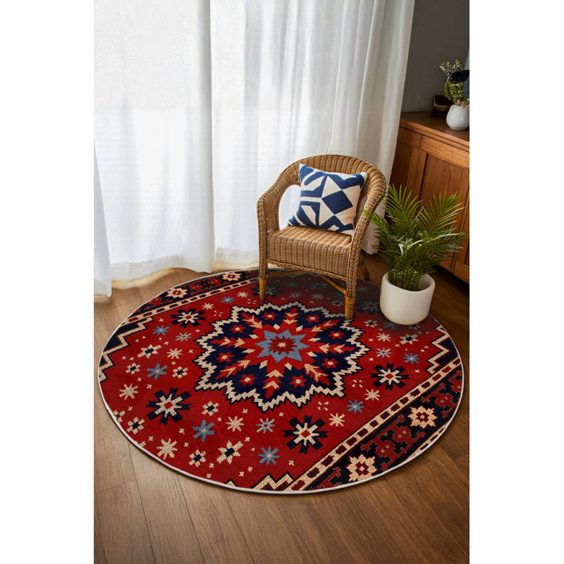 Tapis bourgogne en coton et polyester à imprimé numérique Giget Collection, Rond 5 pi 3 po