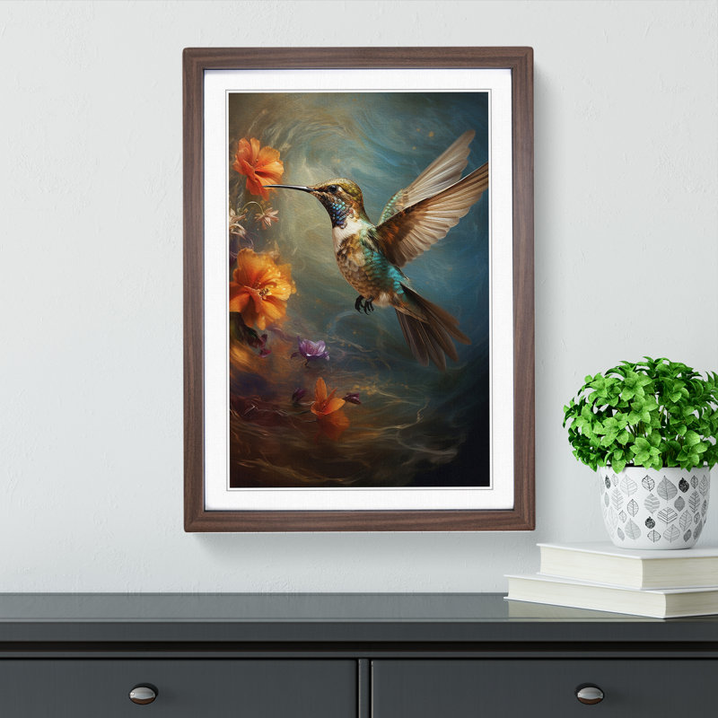 Hummingbird Conceptual - Single Picture Frame Print on Wood, 46cm H x 34cm W x 2cm D, Walnut Framed
