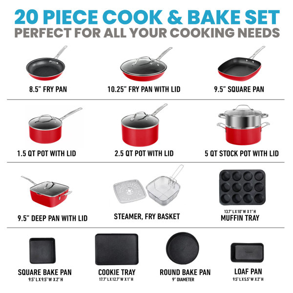 Granitestone 20 Piece Nonstick Red Cookware and Bakeware Set