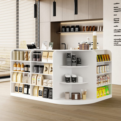 Bureau de réception en L 71 po avec 3 tiroirs, 15 tablettes ouvertes, armoire