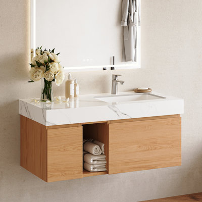 Meuble-lavabo 36 po en noyer avec lavabo, meuble-lavabo simple en bois moderne avec rangement, meuble de salle de bain de conception minimaliste avec drain