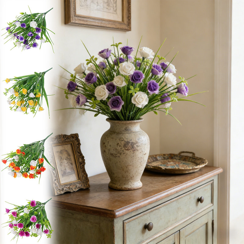Fleurs artificielles Spring Grass Roses, Jaune, mauve, rouge, orange