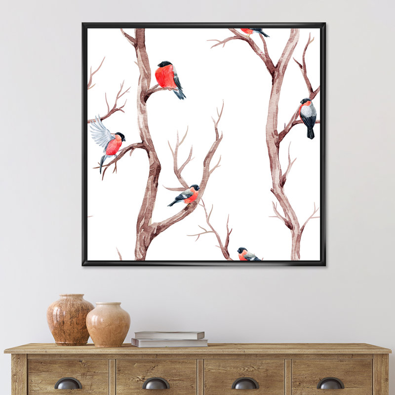 Petits oiseaux sur les branches de l'arbre III - peinture sur toile, H 16 po x l 16 po x P 1 po, Cadre flottant noir