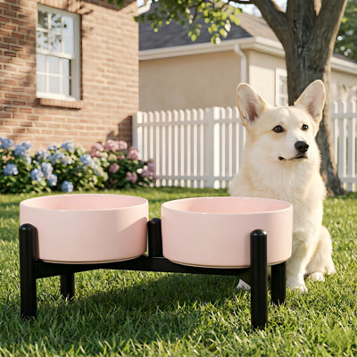 Ensemble de 6 bols pour chien en céramique surélevés 6 po de style mignon, 3,5 tasses / 20 oz chacun, antidérapants, pour petits / moyens chiens, rose