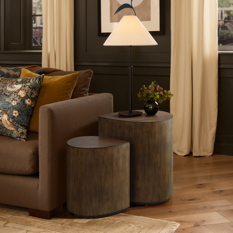 2-Piece Teardrop Drum Wood Side Tables Set in Walnut Finish