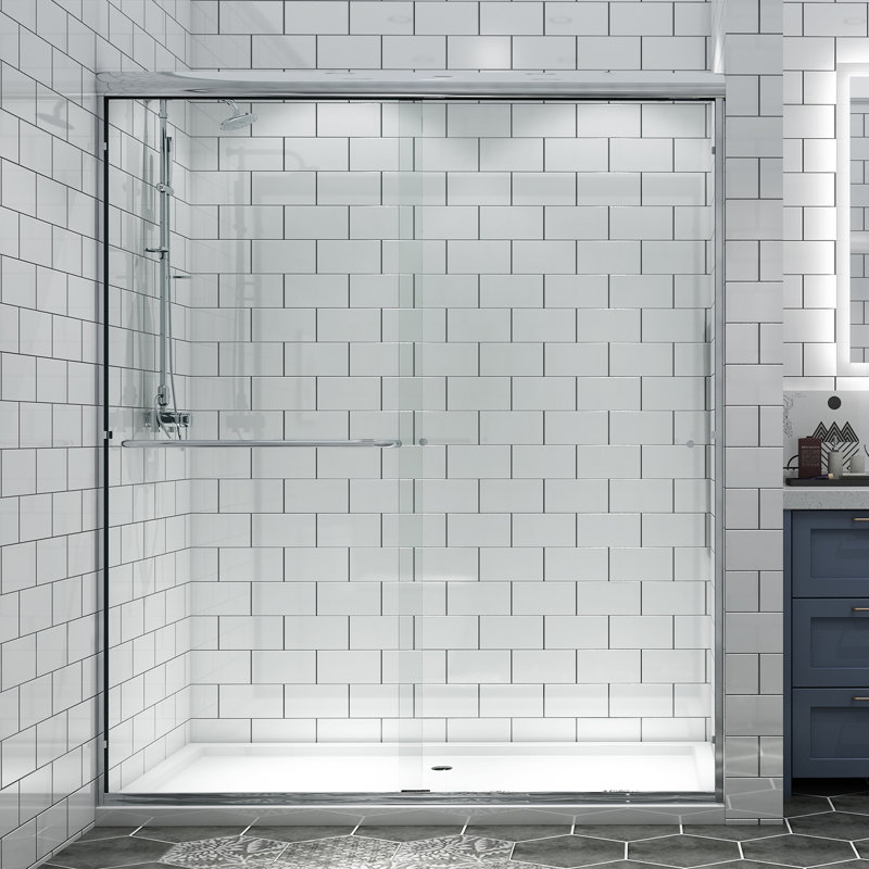 Porte de douche 60 "x l 70" avec porte en verre transparent et poignée, Chrome