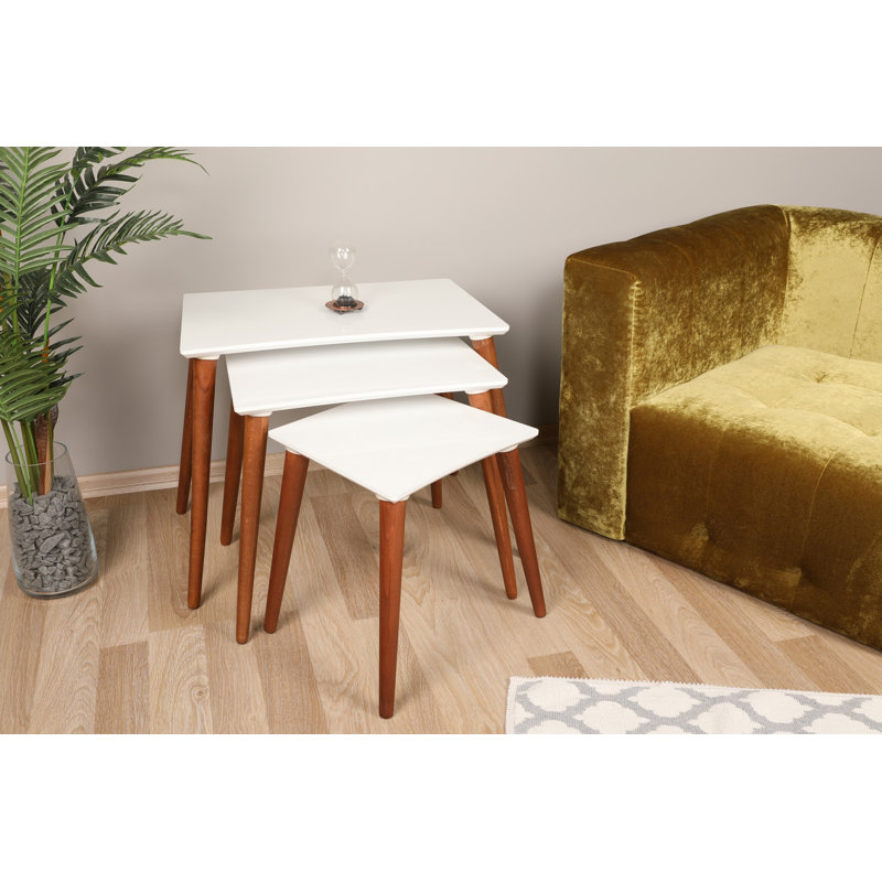 Elegant Nesting Table Set (3 Pieces), White & Walnut, Small: 16.8 x 14.2 x 14.0 in, Medium: 18.9 x 19.9 x 14.6 in, Large: 20.9 x 25.0 x 15.4 in | 100% Melamine Coated Particle Board | Modern Design for Living Room & Home Office