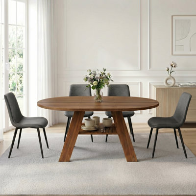 43.3''-59'' Extendable Round Dining Table For 4-6, Mid Century Modern Wooden Round Table With Removable Leaves Space Saving, For Kitchen Living Room