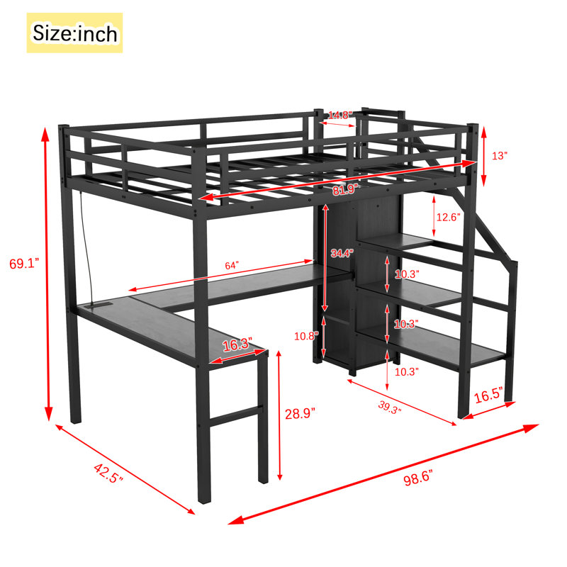  Lit mezzanine simple en métal avec bureau en L, port USB, armoire, tablette réglable et éclairage, noir, Très grand simple