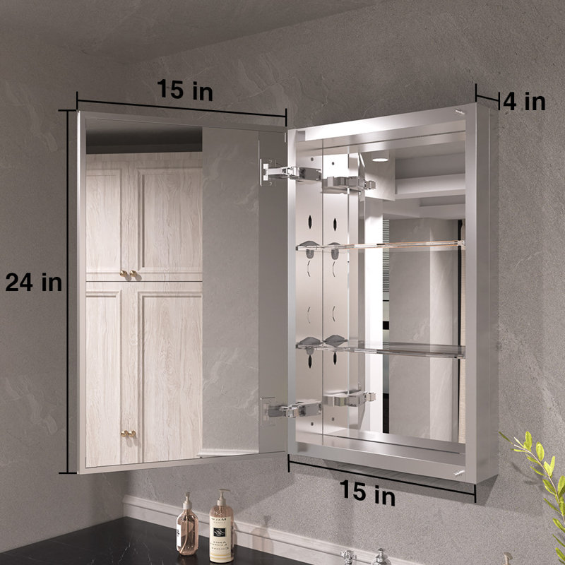 Keen Armoire à pharmacie rectangulaire en aluminium encastré ou à fixation en surface avec miroir argenté l 15 po x H 24 po Keen