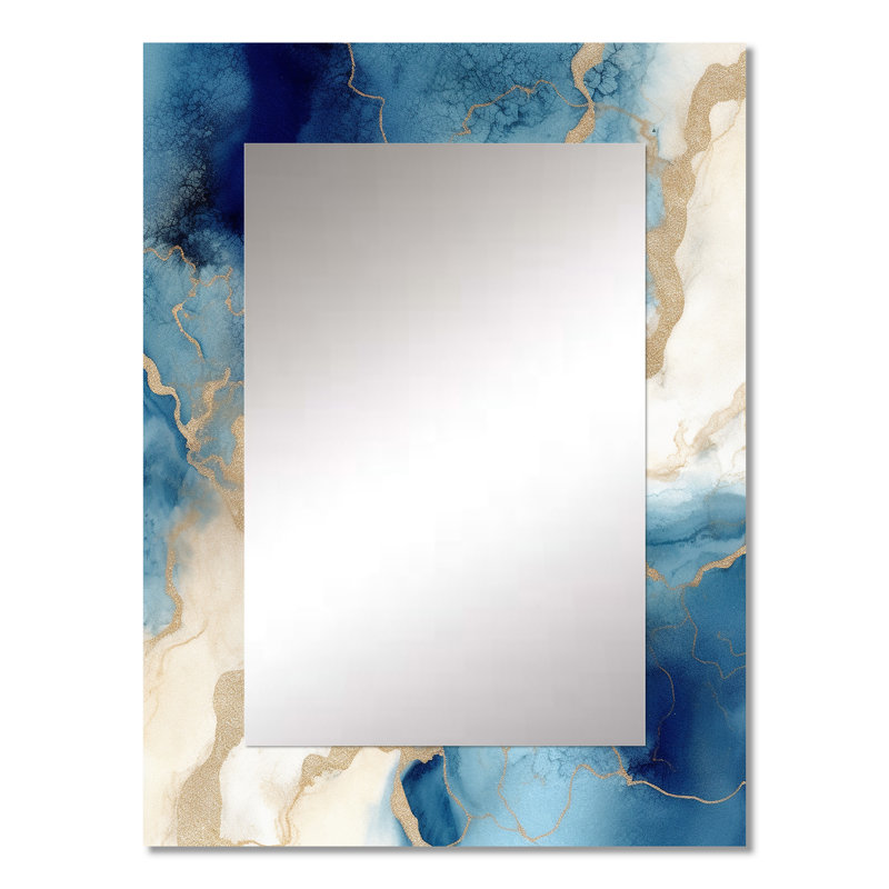 Bleu et or marbré nuages - miroir mural unique Fractals, miroir moderne, art imprimé en métal, 32 po x 24 po