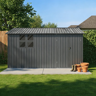 Roomfitters 12x10 ft Metal Storage Shed Large Outdoor Backyard Garden House Double Door Lockable Tool House Window, Grey