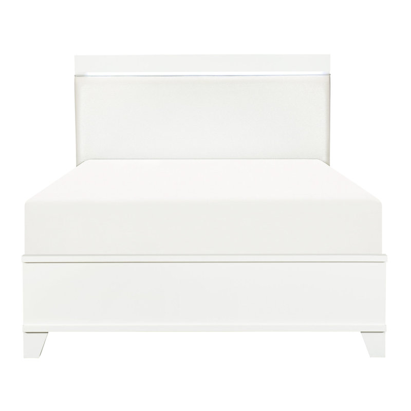 Grand lit avec tête de lit en similicuir blanc ultrabrillant et éclairage à DEL brillant de style moderne, Grand lit
