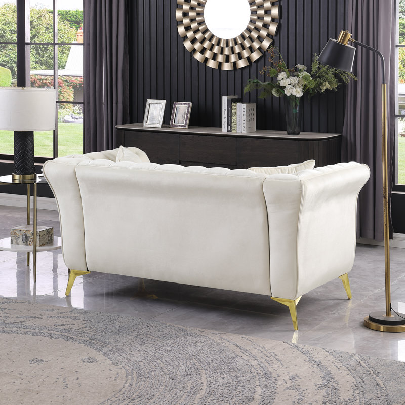 Geneveve 64.2" Velvet Rolled Arm Chesterfield Loveseat, Beige