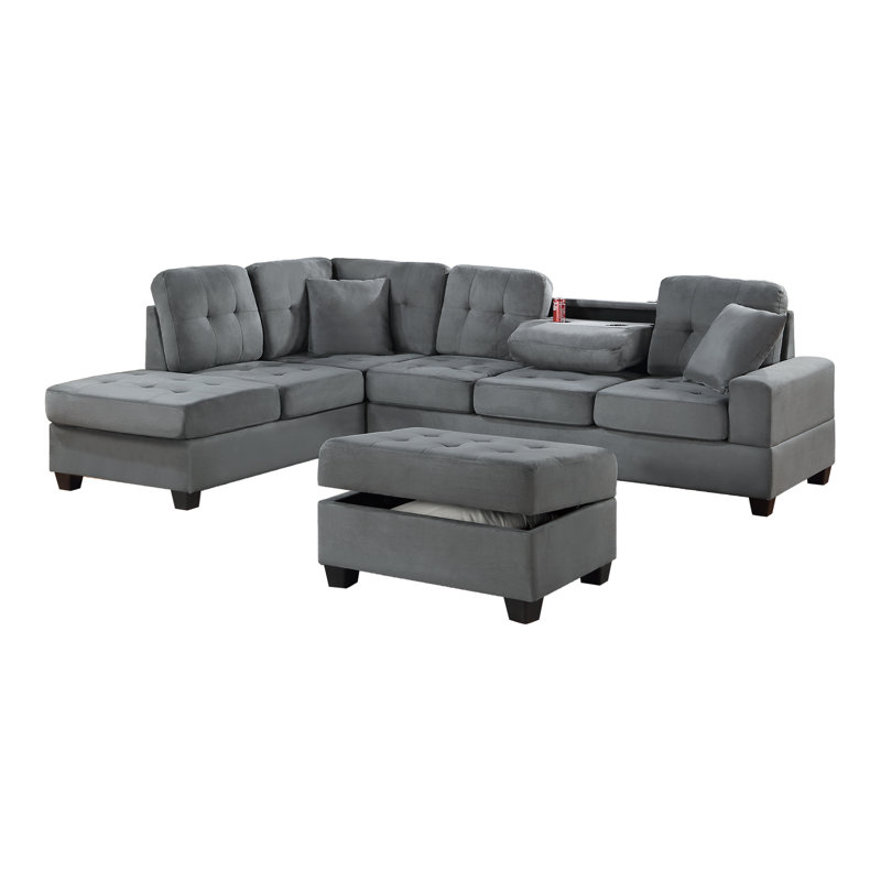 3-Piece Sectional Set W/ Ottoman, Gray Microfiber / Microsuede