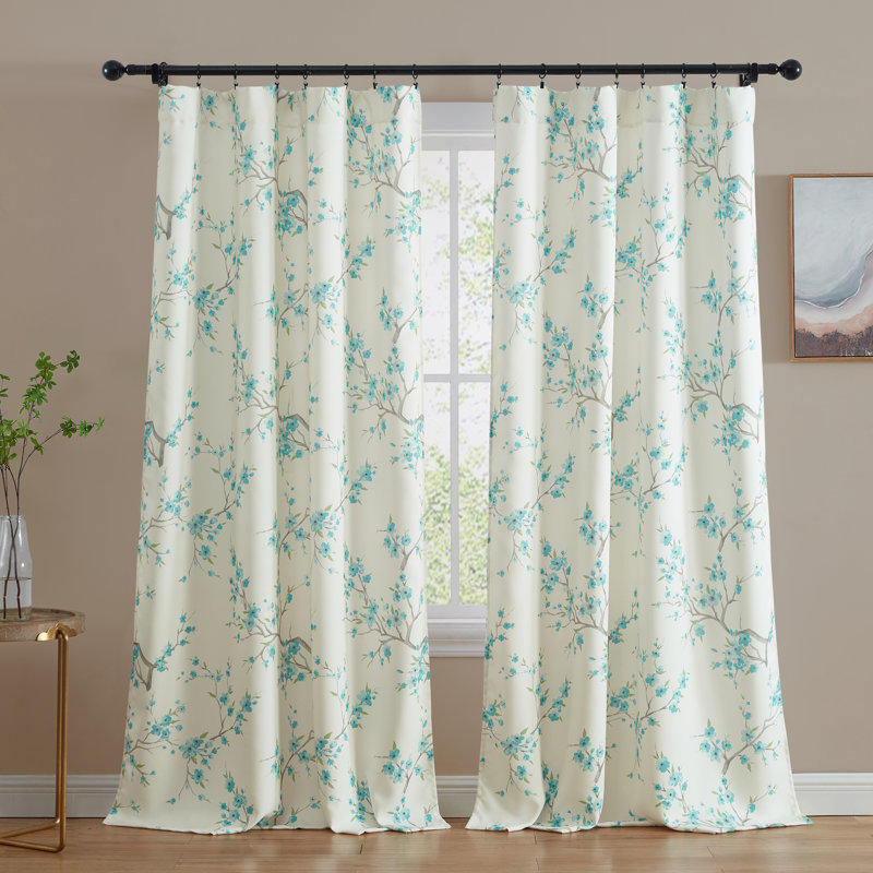 Teal Blue Floral Blackout Polyester Window Curtain Panels