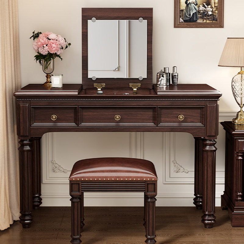 39.37"American-style solid wood brown dressing table with mirror