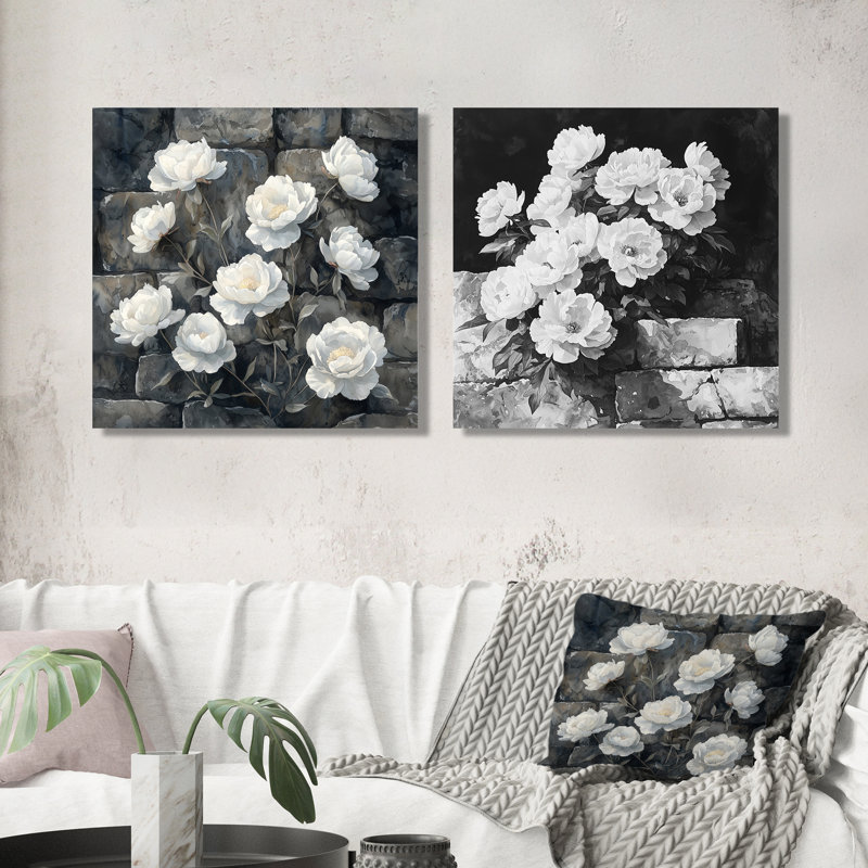 2 pivoines monochromes sur le rocher I - décoration murale pivoines - art mural traditionnel 2 pièces, Ne s’applique pas