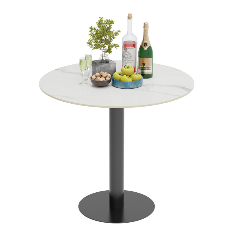 Whitnash Round Marble Top Metal Base Dining Table, 78H x 76L x 76cmW, Black