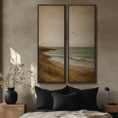 Coastal Beach Horizon with Soaring Birds for Living Room - Set of 2 Framed Wall Art Print on Canvas 60"x20"x2pcs, 60"x30"x2pcs